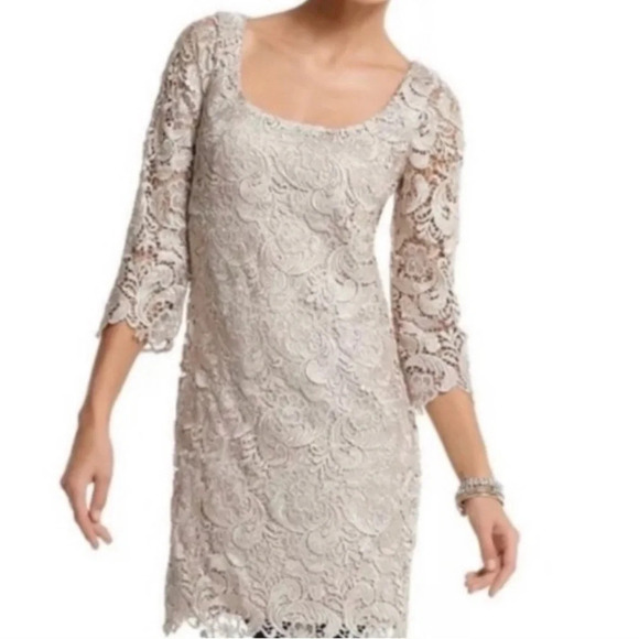 WHITE House Black  Market Champagne Lace 3/4 Sleeve Scoop Neck Dress Size 10 - Picture 1 of 8